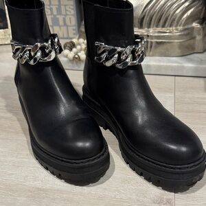 Marc Fisher Black Lug Ankle Boots with Silver Chain